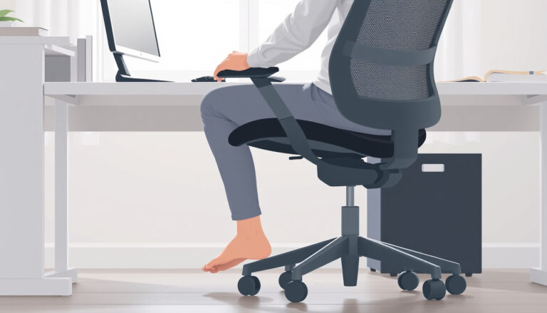 Ergonominen verkkoisten selkänojien varustettu työtuoli kodin työpöydän ääressä, henkilö säätää istuinkorkeutta.