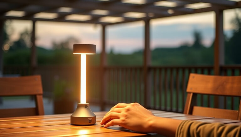 Langaton ladattava LED-pöytävalaisin antaa lämpimää valoa katetun terassin pöydällä illalla.