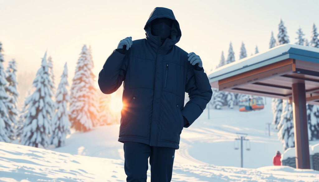 Laskettelija nostaa laskettelutakkia harteilleen laskettelukeskuksen pihalla pakkasaamuna, hissi ja lumiset puut taustalla.