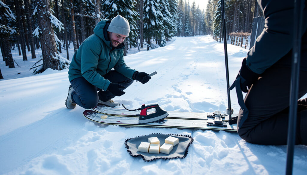 Hiihtäjä voitelee ladun varrella suksen pohjaa vahalla ja voiteluraudalla talvisessa metsässä.