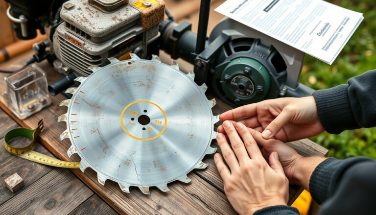 Raivaussahan metalliterä leveästä hampaistostaan laidalla puutarhatyön yhteydessä, vanha terä vieressä vertailua varten.