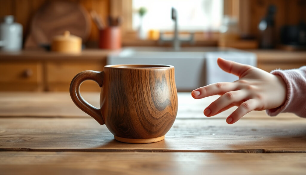 Pieni puinen kuksa tuolilla, lapsen käsi kurottamassa sitä kohti lämpimässä kotikeittiössä.