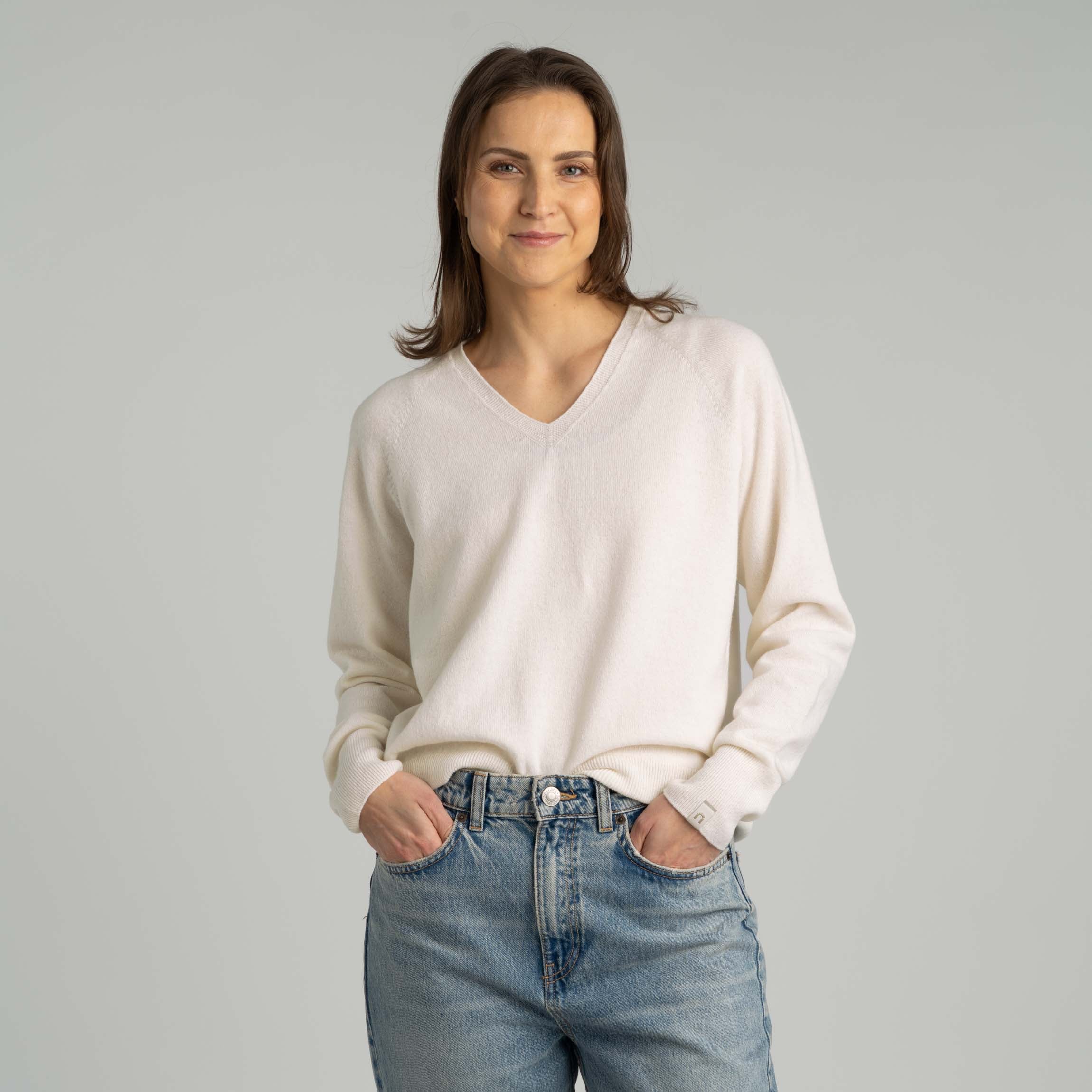 Kide V-neck Merinoneulepusero - Lumenvalkoinen M